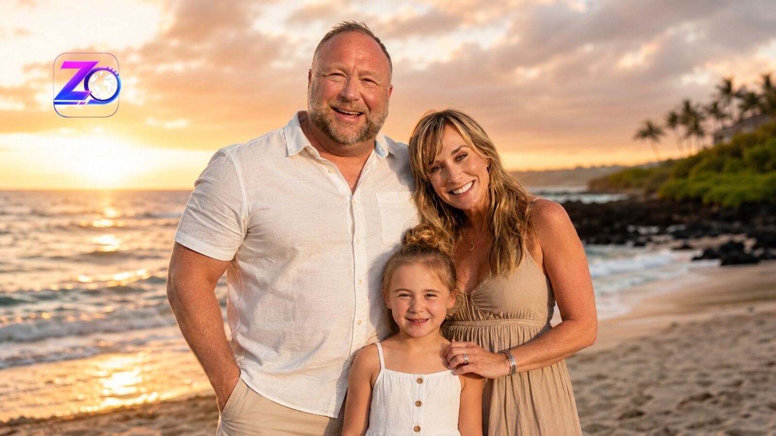 Alex Jones posing with his wife Erika Wulff Jones and their young daughter on a beach during a beautiful sunset.