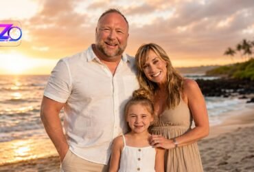 Alex Jones posing with his wife Erika Wulff Jones and their young daughter on a beach during a beautiful sunset.