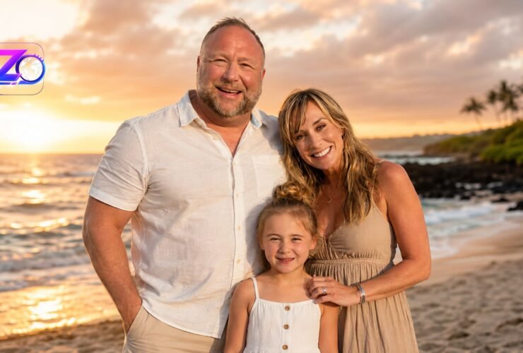Alex Jones posing with his wife Erika Wulff Jones and their young daughter on a beach during a beautiful sunset.