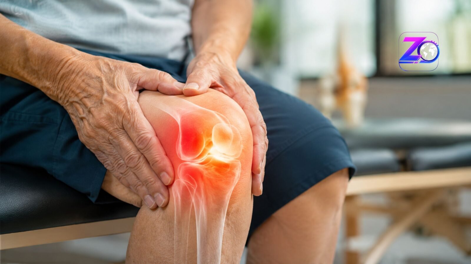 An older adult holding their knee, showing a glowing red area that indicates joint pain and inflammation typically associated with arthritis.