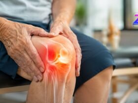 An older adult holding their knee, showing a glowing red area that indicates joint pain and inflammation typically associated with arthritis.