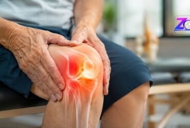 An older adult holding their knee, showing a glowing red area that indicates joint pain and inflammation typically associated with arthritis.