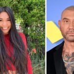 A side-by-side portrait showing a young woman with long dark hair representing Athena Bautista, and actor Dave Bautista at a red carpet event.