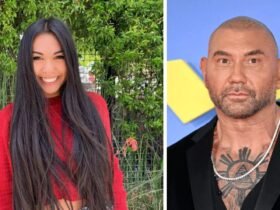 A side-by-side portrait showing a young woman with long dark hair representing Athena Bautista, and actor Dave Bautista at a red carpet event.