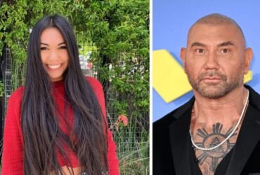 A side-by-side portrait showing a young woman with long dark hair representing Athena Bautista, and actor Dave Bautista at a red carpet event.
