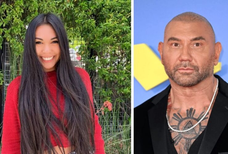 A side-by-side portrait showing a young woman with long dark hair representing Athena Bautista, and actor Dave Bautista at a red carpet event.