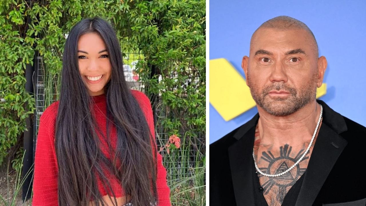 A side-by-side portrait showing a young woman with long dark hair representing Athena Bautista, and actor Dave Bautista at a red carpet event.