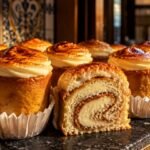 best piononos de santa fe near me, Close up of authentic Piononos de Santa Fe on a bakery display, featuring a rolled sponge soaked in syrup and a caramelized cream crown.