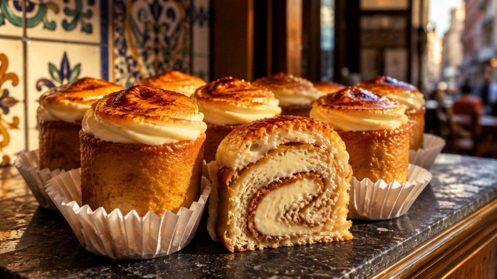 best piononos de santa fe near me, Close up of authentic Piononos de Santa Fe on a bakery display, featuring a rolled sponge soaked in syrup and a caramelized cream crown.