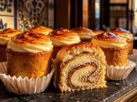 best piononos de santa fe near me, Close up of authentic Piononos de Santa Fe on a bakery display, featuring a rolled sponge soaked in syrup and a caramelized cream crown.
