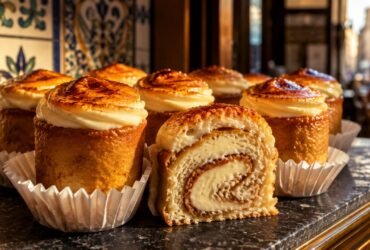 best piononos de santa fe near me, Close up of authentic Piononos de Santa Fe on a bakery display, featuring a rolled sponge soaked in syrup and a caramelized cream crown.