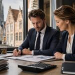 A male and female accountant reviewing financial reports on a laptop and printed documents in a professional office with a view of historic Bruges architecture.
