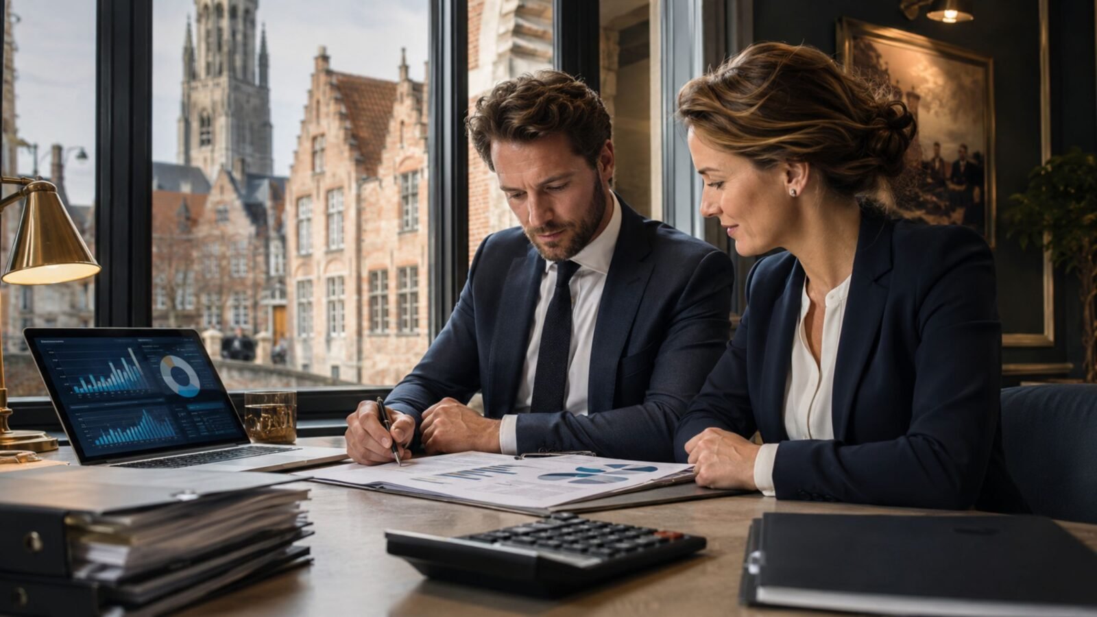 A male and female accountant reviewing financial reports on a laptop and printed documents in a professional office with a view of historic Bruges architecture.