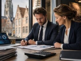 A male and female accountant reviewing financial reports on a laptop and printed documents in a professional office with a view of historic Bruges architecture.