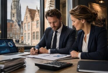 A male and female accountant reviewing financial reports on a laptop and printed documents in a professional office with a view of historic Bruges architecture.