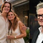 Matteo Firth, A split image showing British actor Colin Firth on the right, and his ex-wife Livia Giuggioli hugging one of their sons on the left.
