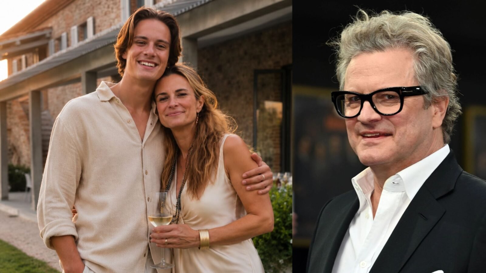 Matteo Firth, A split image showing British actor Colin Firth on the right, and his ex-wife Livia Giuggioli hugging one of their sons on the left.