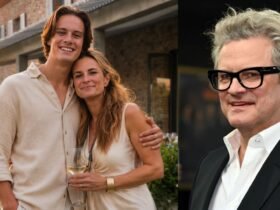 Matteo Firth, A split image showing British actor Colin Firth on the right, and his ex-wife Livia Giuggioli hugging one of their sons on the left.