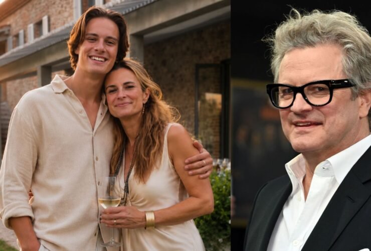 Matteo Firth, A split image showing British actor Colin Firth on the right, and his ex-wife Livia Giuggioli hugging one of their sons on the left.