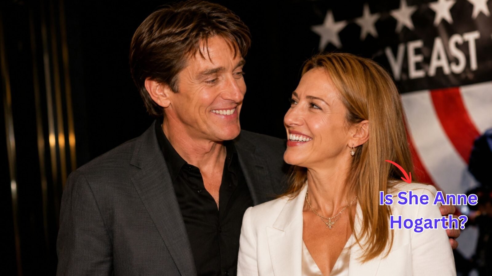 Craig Ferguson smiling with a female partner on the red carpet with a text overlay asking Is She Anne Hogarth