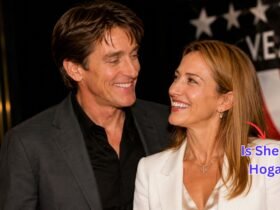 Craig Ferguson smiling with a female partner on the red carpet with a text overlay asking Is She Anne Hogarth