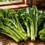 Fresh Broccolini with long stems displayed next to traditional broccoli and Chinese kale leaves on a wooden cutting board.