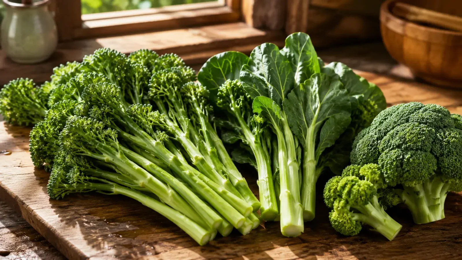 Fresh Broccolini with long stems displayed next to traditional broccoli and Chinese kale leaves on a wooden cutting board.