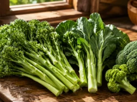 Fresh Broccolini with long stems displayed next to traditional broccoli and Chinese kale leaves on a wooden cutting board.
