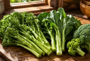 Fresh Broccolini with long stems displayed next to traditional broccoli and Chinese kale leaves on a wooden cutting board.
