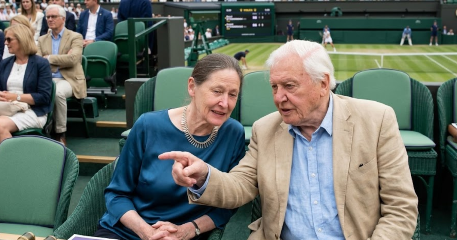 Sir David Attenborough and his daughter Susan Attenborough sitting together and talking in the Royal Box at the Wimbledon Tennis Championships.