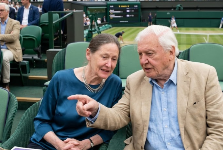 Sir David Attenborough and his daughter Susan Attenborough sitting together and talking in the Royal Box at the Wimbledon Tennis Championships.