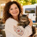 Donna Sicuranza Marconi smiling while holding a tabby cat in front of the white Tait’s Every Animal Matters mobile clinic van.