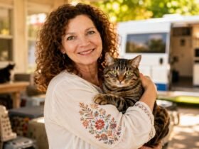 Donna Sicuranza Marconi smiling while holding a tabby cat in front of the white Tait’s Every Animal Matters mobile clinic van.