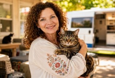Donna Sicuranza Marconi smiling while holding a tabby cat in front of the white Tait’s Every Animal Matters mobile clinic van.