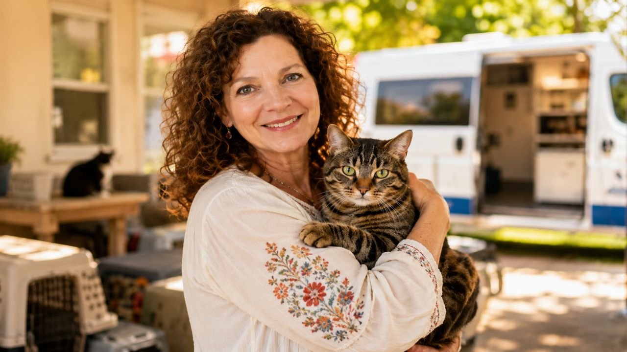Donna Sicuranza Marconi smiling while holding a tabby cat in front of the white Tait’s Every Animal Matters mobile clinic van.