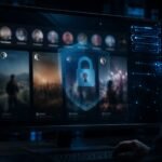 A user in a dark room looking at a computer monitor displaying anonymous social media profiles, overlaid with a glowing digital security padlock.