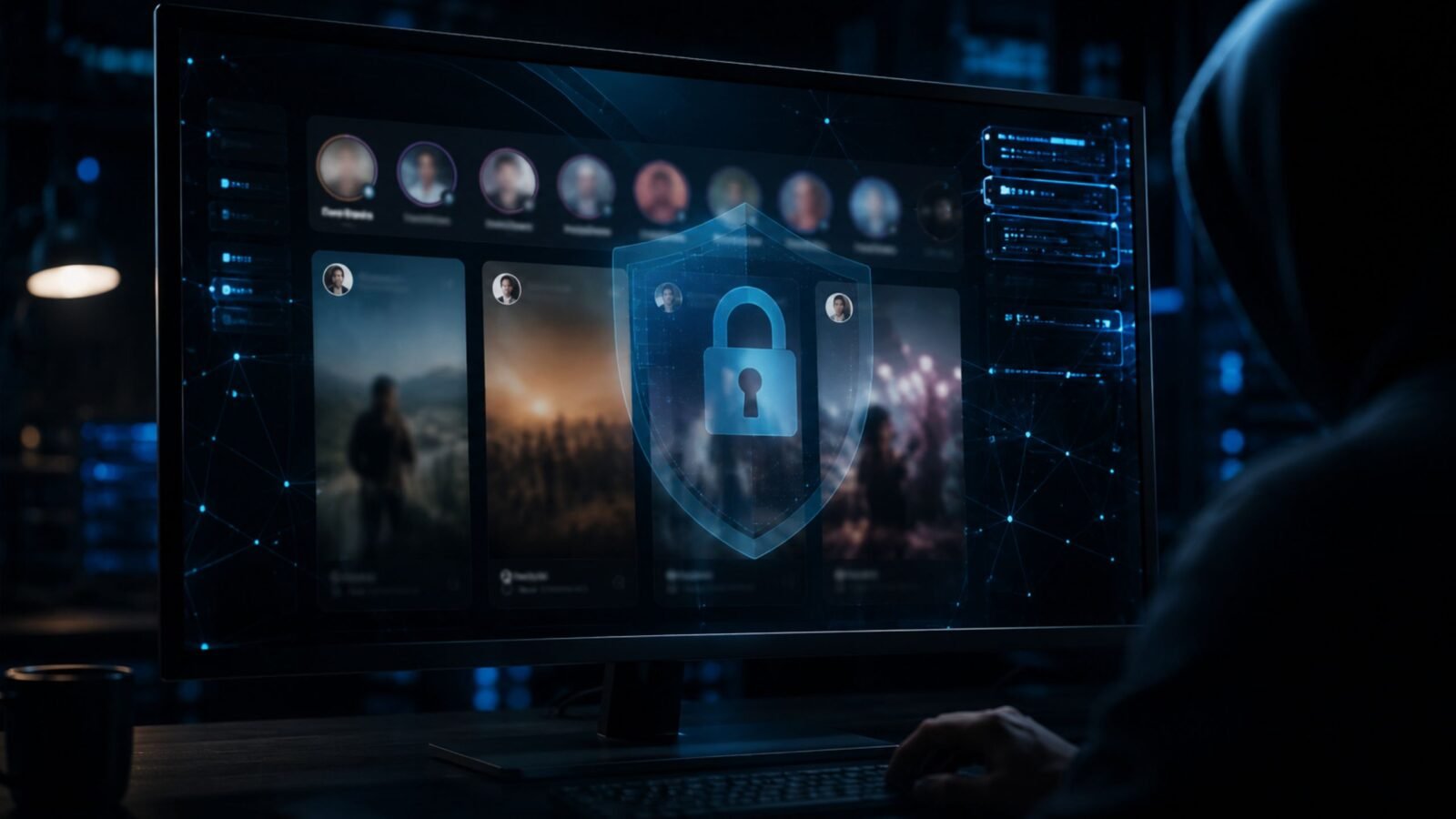 A user in a dark room looking at a computer monitor displaying anonymous social media profiles, overlaid with a glowing digital security padlock.