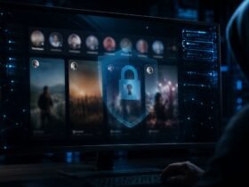 A user in a dark room looking at a computer monitor displaying anonymous social media profiles, overlaid with a glowing digital security padlock.