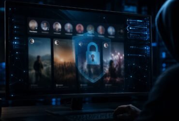 A user in a dark room looking at a computer monitor displaying anonymous social media profiles, overlaid with a glowing digital security padlock.