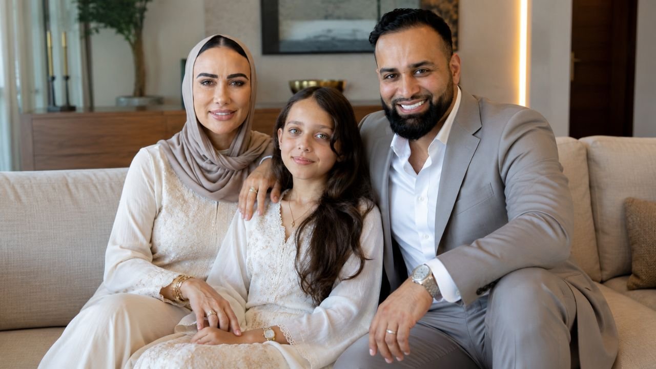 Emily Abraham and Adam Abraham, founders of Love Luxury, sitting with their daughter Maali "Moo" Abraham.