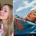 Actress Aimee Lou Wood posing closely with her younger sister, makeup artist Emily Wood, alongside a portrait of Emily wearing vibrant, colorful outdoor makeup.
