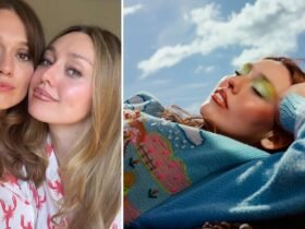 Actress Aimee Lou Wood posing closely with her younger sister, makeup artist Emily Wood, alongside a portrait of Emily wearing vibrant, colorful outdoor makeup.