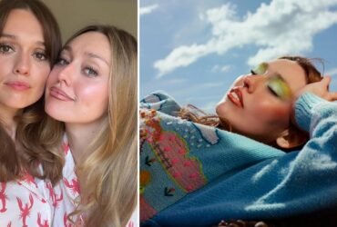 Actress Aimee Lou Wood posing closely with her younger sister, makeup artist Emily Wood, alongside a portrait of Emily wearing vibrant, colorful outdoor makeup.
