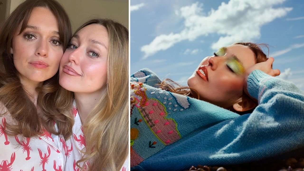 Actress Aimee Lou Wood posing closely with her younger sister, makeup artist Emily Wood, alongside a portrait of Emily wearing vibrant, colorful outdoor makeup.