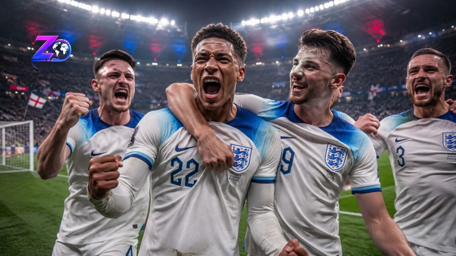 Jude Bellingham and his England national team teammates celebrating a dramatic victory during the FIFA World Cup knockout stages.