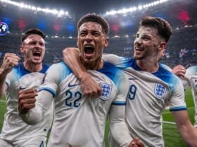 Jude Bellingham and his England national team teammates celebrating a dramatic victory during the FIFA World Cup knockout stages.