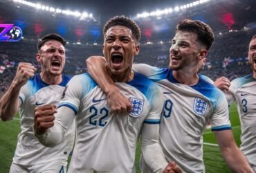 Jude Bellingham and his England national team teammates celebrating a dramatic victory during the FIFA World Cup knockout stages.
