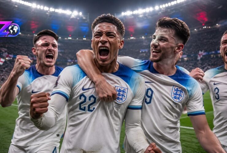 Jude Bellingham and his England national team teammates celebrating a dramatic victory during the FIFA World Cup knockout stages.