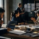 Diverse professional team working on business strategy and analyzing financial charts in a modern office