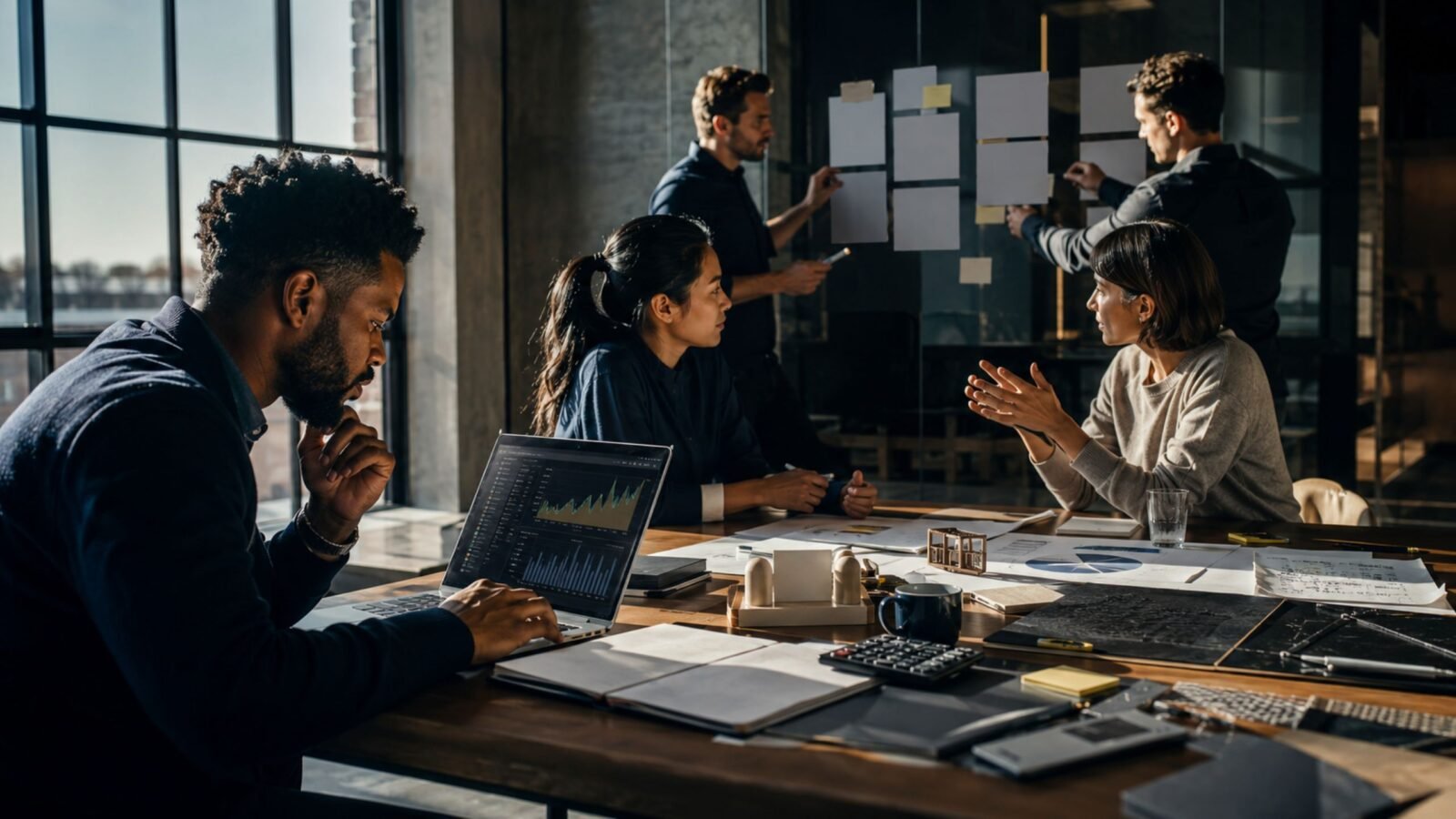 Diverse professional team working on business strategy and analyzing financial charts in a modern office